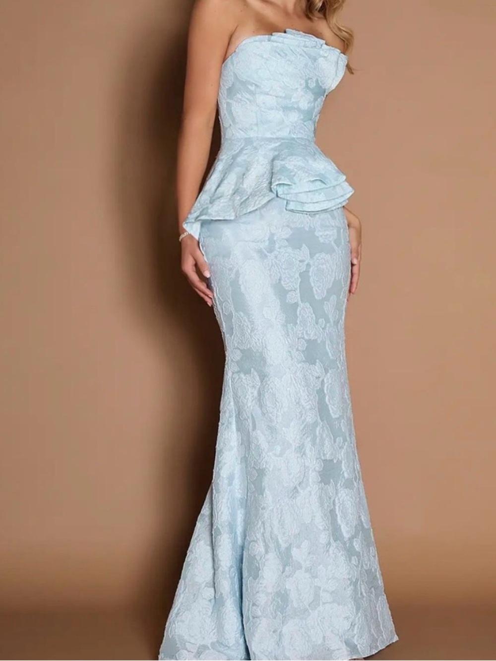 Strapless Light Blue Peplum Lace Evening Gown Azazie Amirah Dress